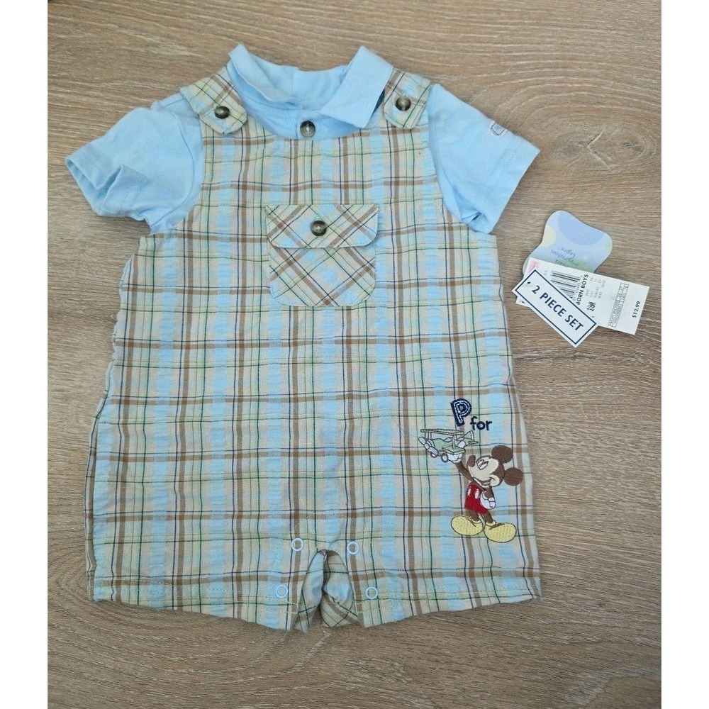 Disney Vintage Baby Overalls TWO PIECE SET Plane Mickey Mouse Y2K 3-6 6-9 Months